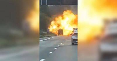 Dramatic pictures show moment milk tanker burst into flames on M60 - www.manchestereveningnews.co.uk - Manchester